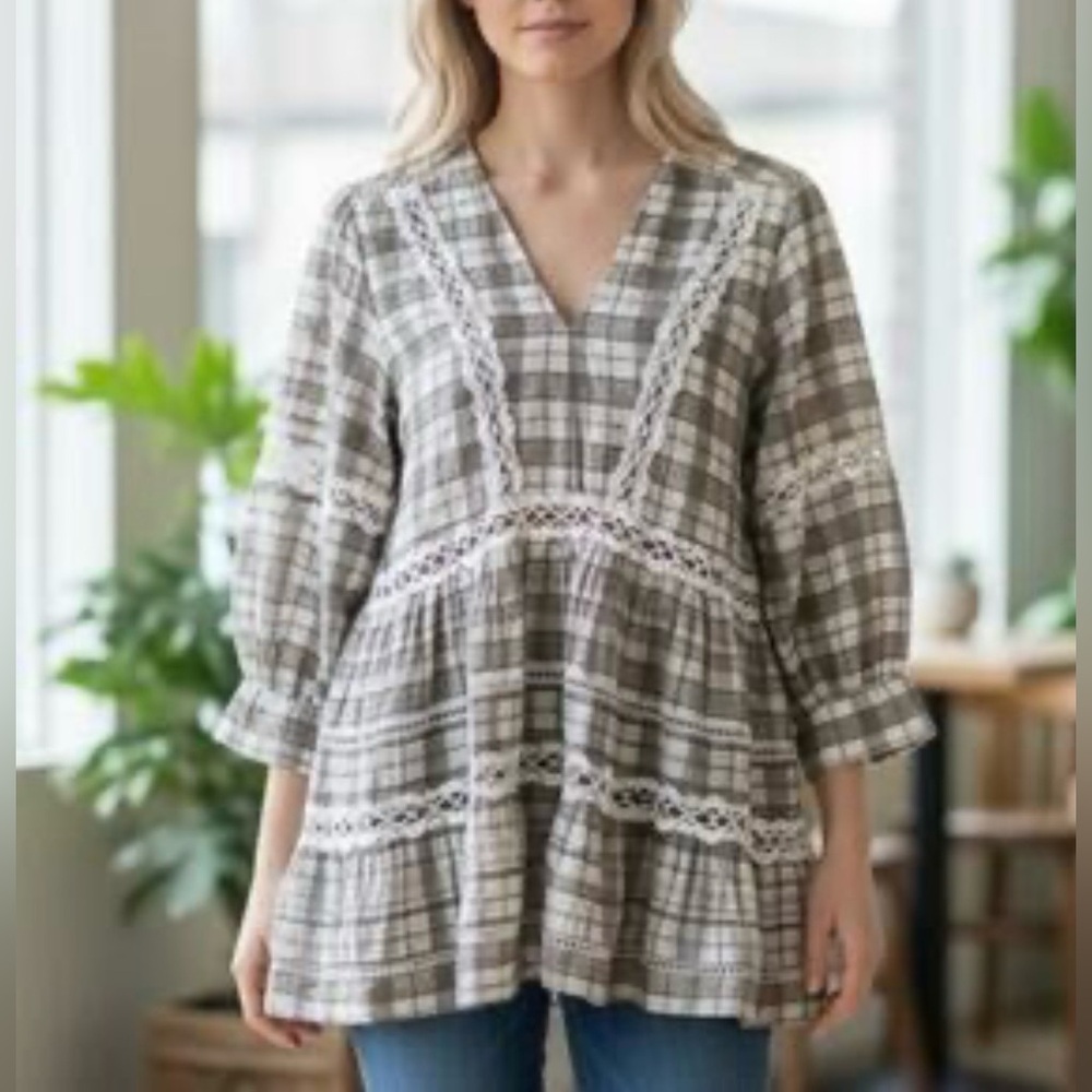Free People|TIME OUT,Gray & White Plaid Lace Trim Babydoll Tunic,cottagecore•XS